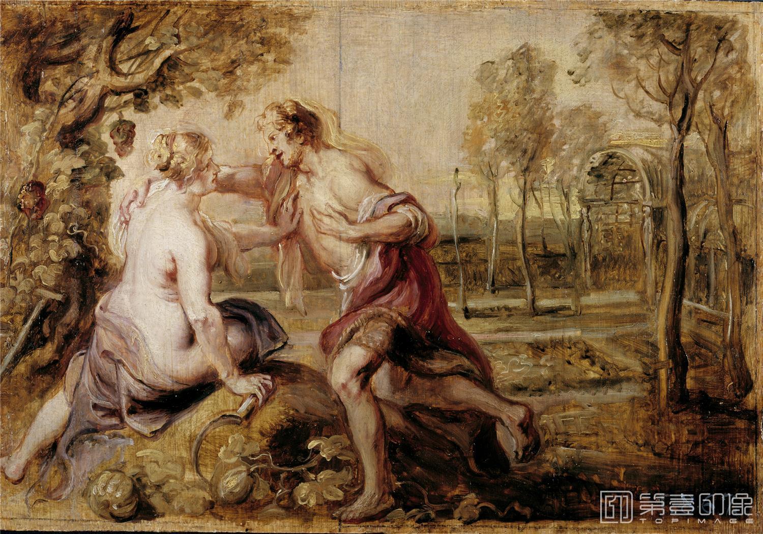 油画-西班牙普拉多美术馆油画藏画-Rubens, Pedro Pablo-Vertumno y Pomona-26,5cm x 38,3cm-2455